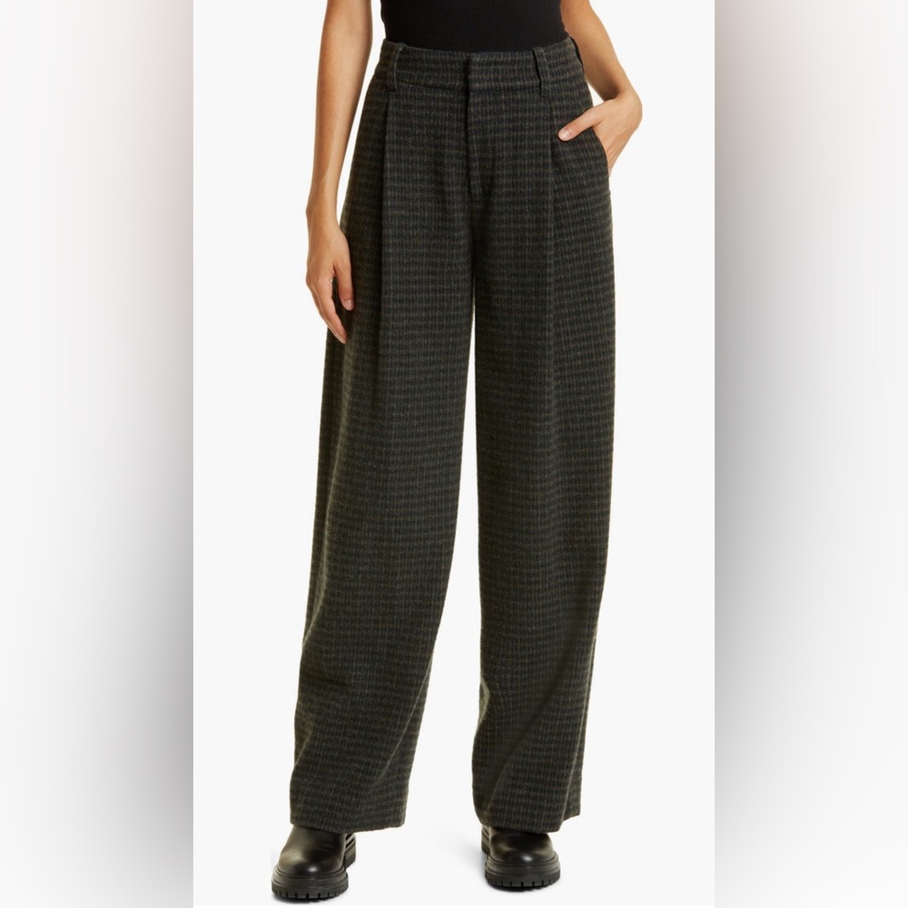 Vince Check Print High Waist Wide Leg Wool Blend Pants